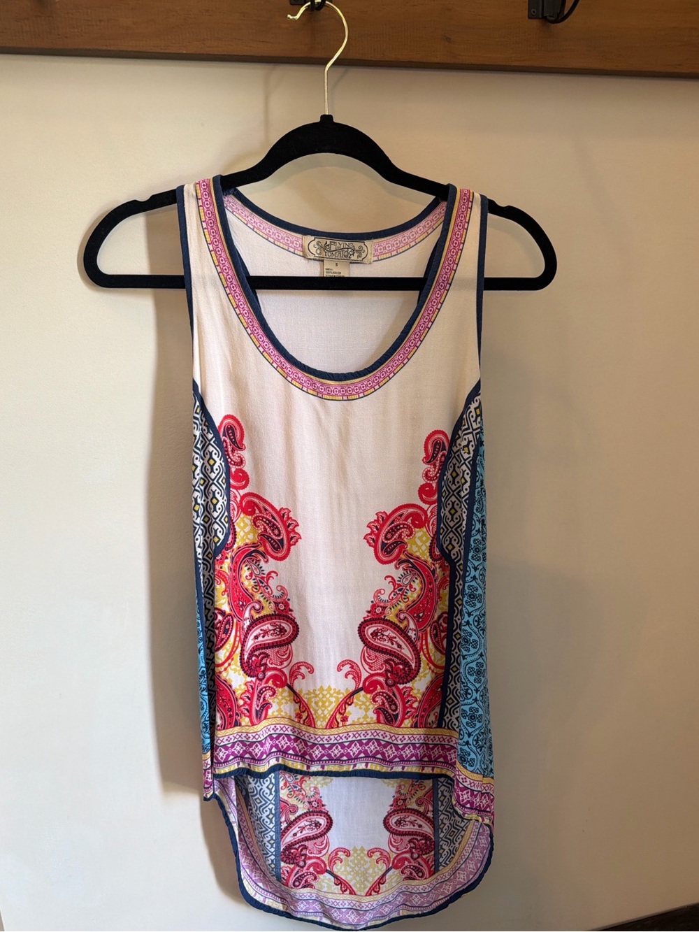 Flying Tomato White Tank with Pink Yellow Blue Paisley Borders